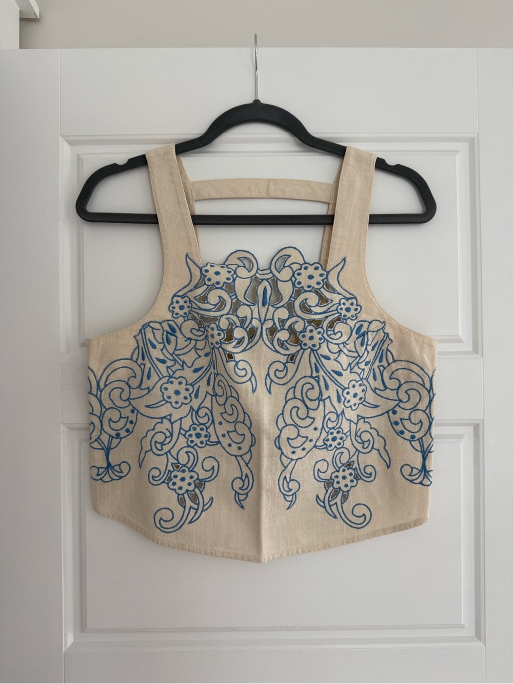 Beige Sleeveless Embroidered Crop Top - Blue Floral Detail